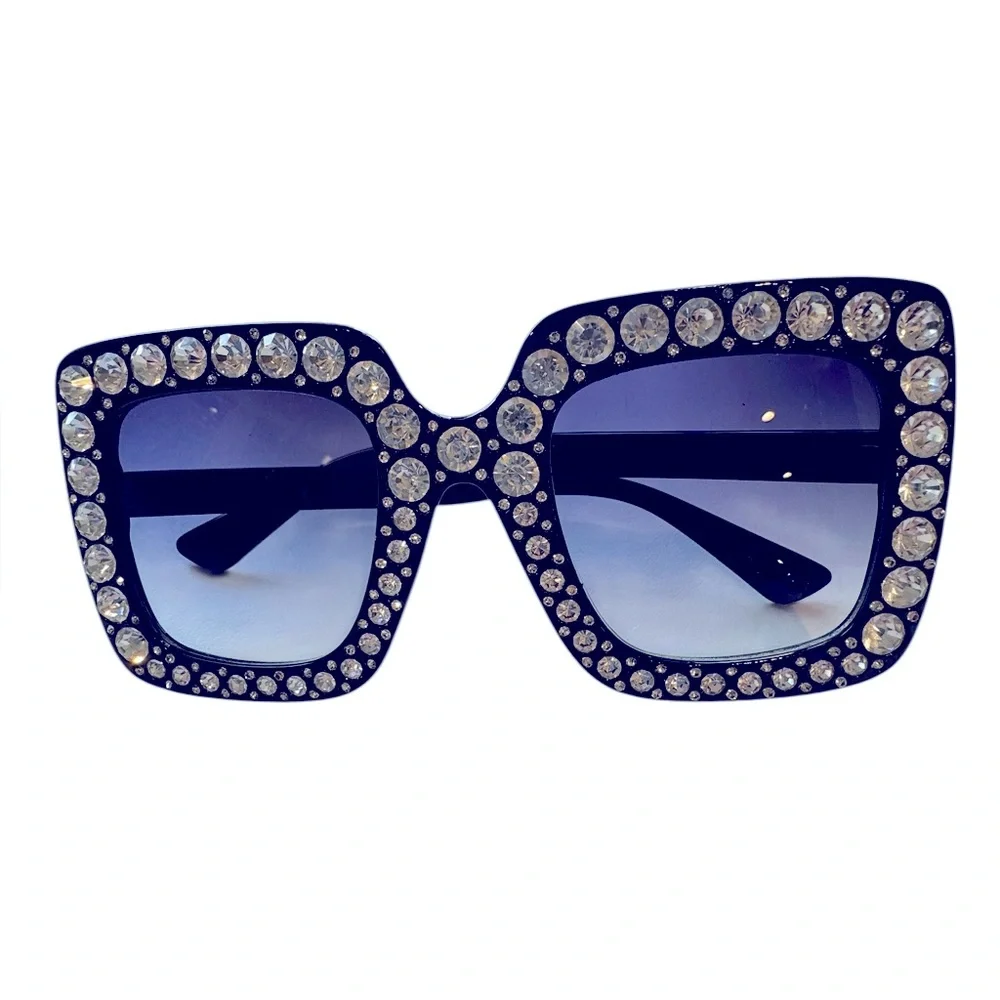 Oversized square rhinestone studded sunglasses. By Royal Girl Eyewear. EUC